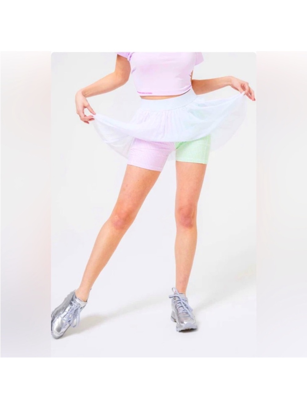 Terez Pastel Gingham & Mesh Overlay Tennis Skirt with Built-In Pocketed Shorts
